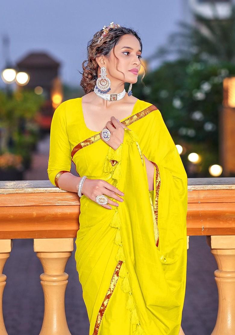Yellow Zari Printed Blended Saree Set - Indya