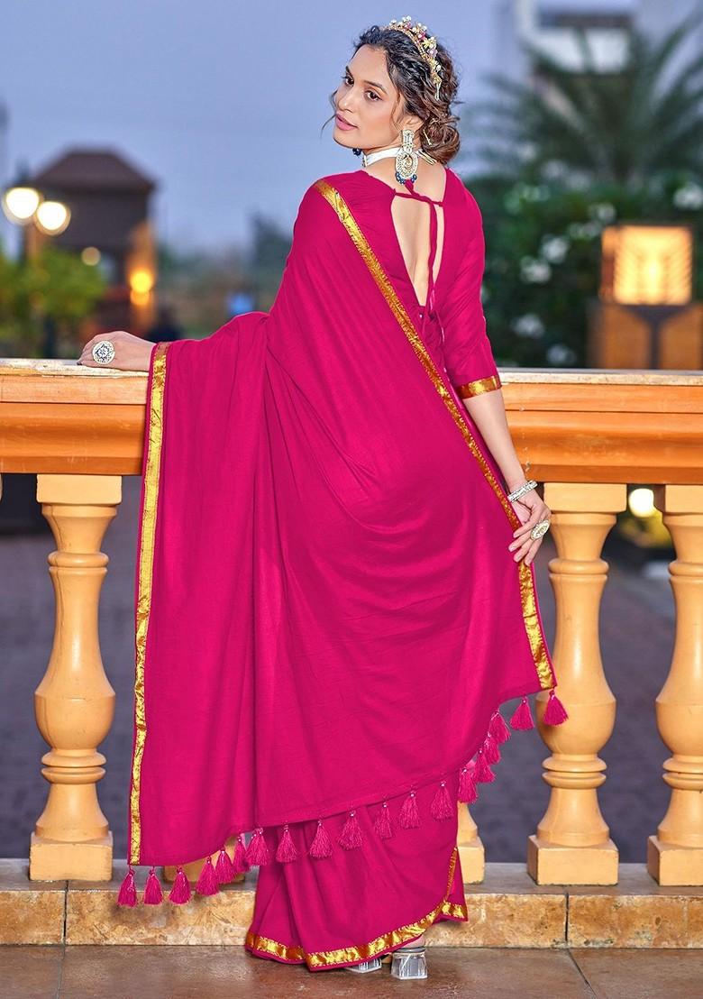 Pink Embroidered Blended Saree Set - Indya