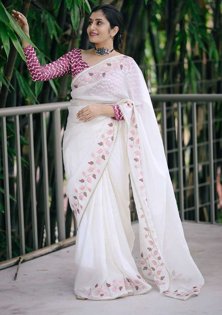 White Blended Saree Set with Embroidered for Diwali | Wedding & Festive Wear - Indya