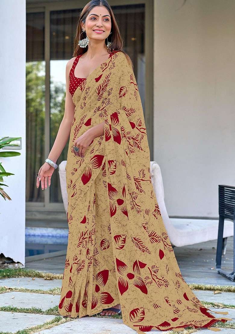 Beige Printed Blended Saree Set for Diwali and Festive Wear - Indya