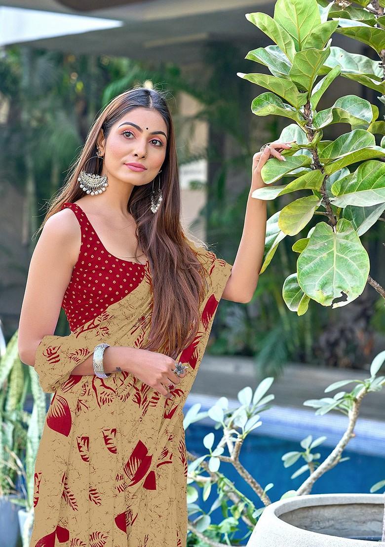 Beige Printed Blended Saree Set - Indya