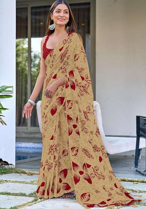 Beige Printed Blended Saree Set for Diwali and Festive Wear