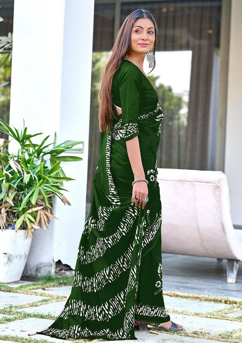 Green Printed Blended Saree Set - Indya