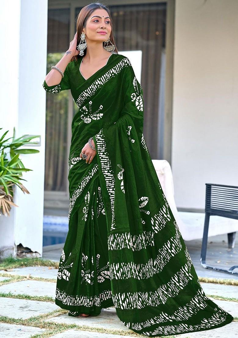 Green Printed Blended Saree Set - Indya