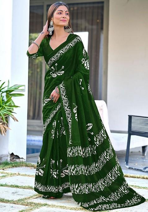 Green Printed Blended Saree Set