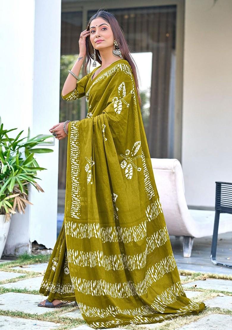 Olive Printed Blended Saree Set - Indya