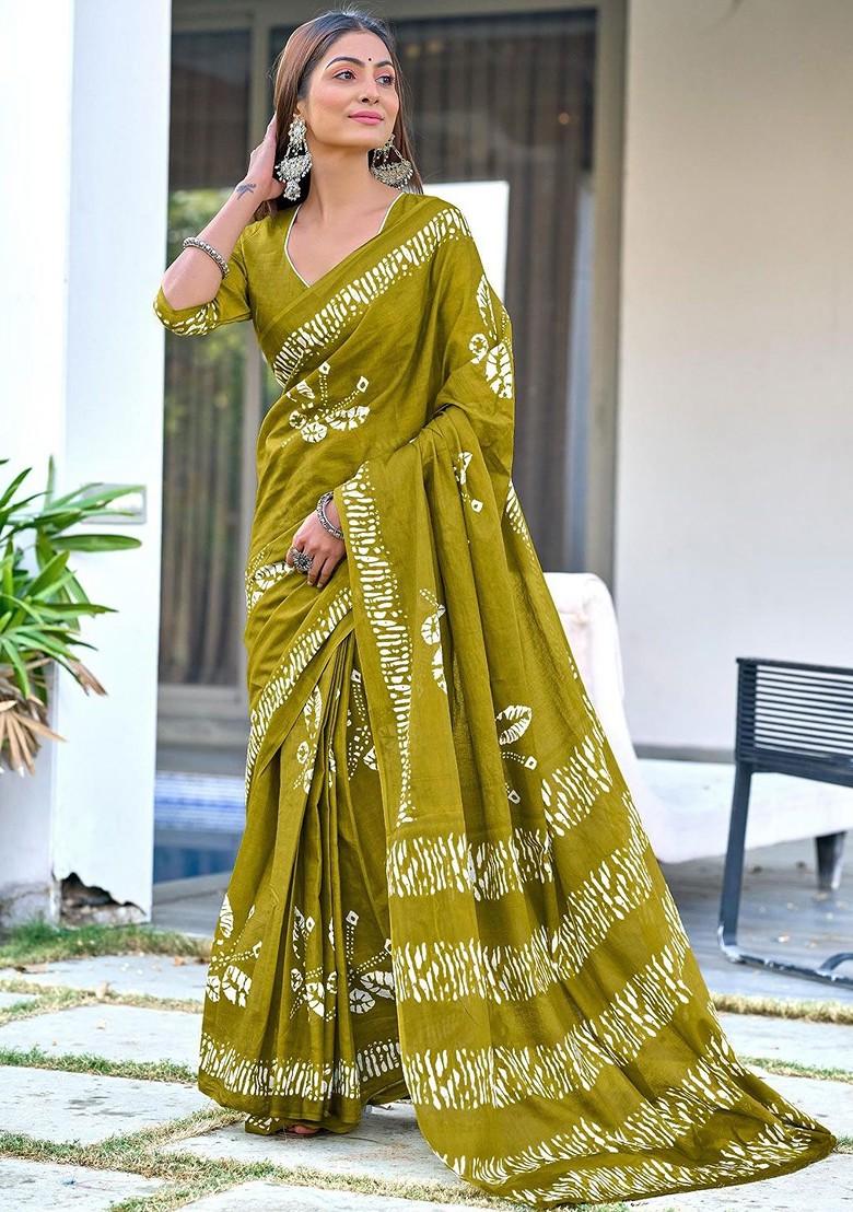 Olive Printed Blended Saree Set - Indya