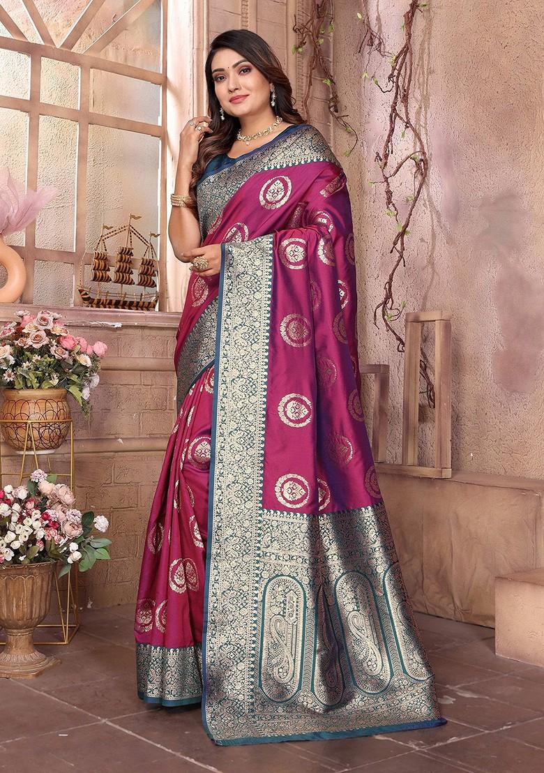 Burgundy Zari Printed Blended Saree Set - Indya