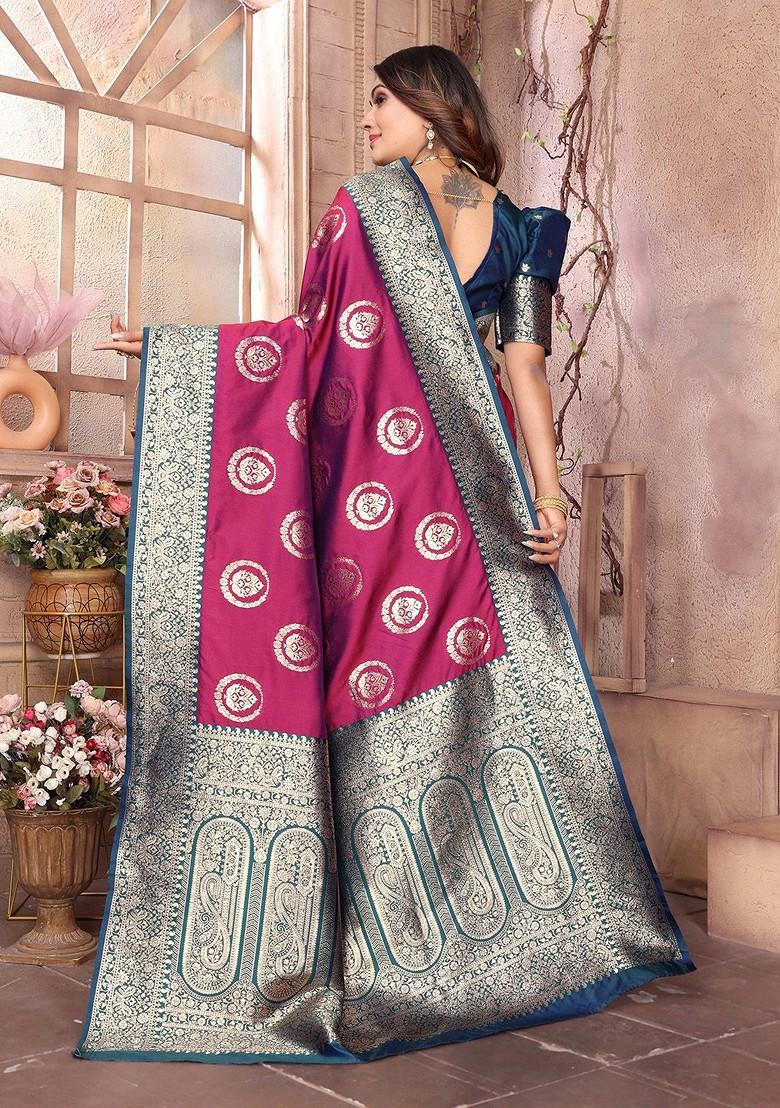 Burgundy Zari Printed Blended Saree Set - Indya