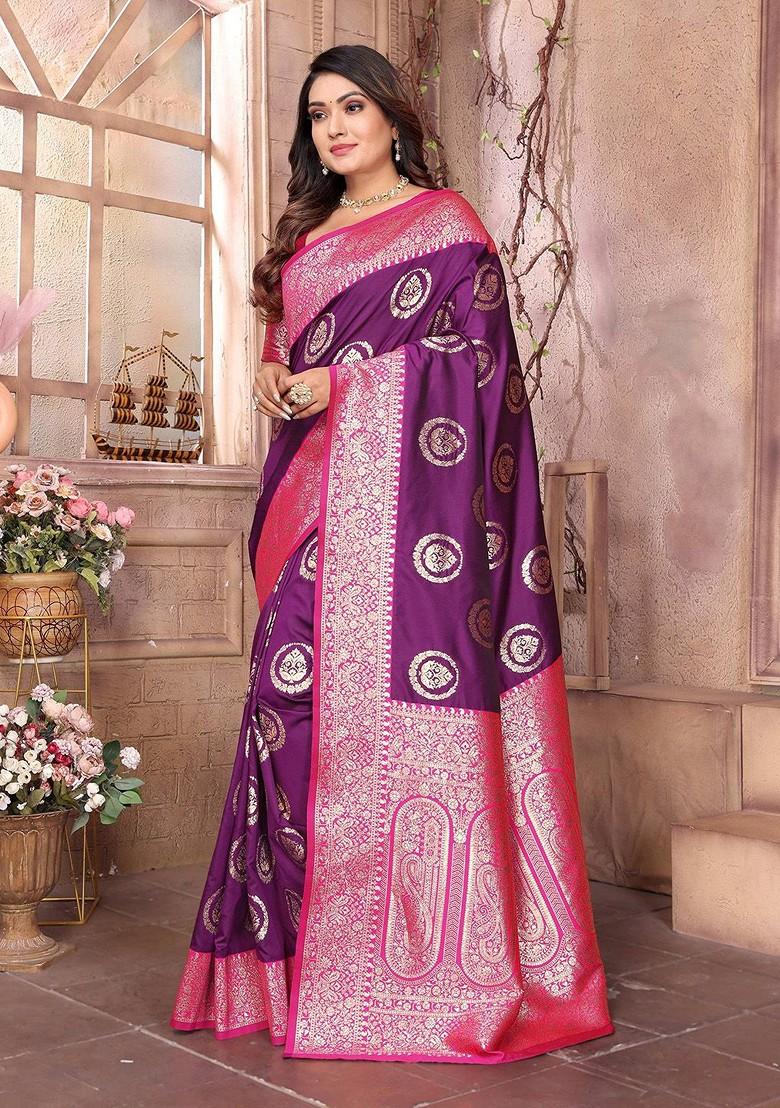 Purple Zari Printed Blended Saree Set - Indya