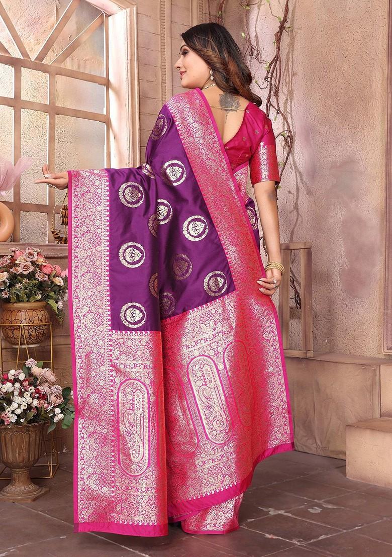 Purple Zari Printed Blended Saree Set - Indya