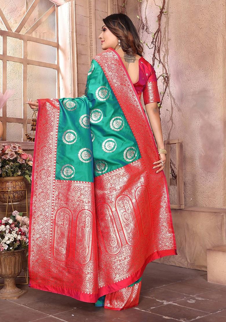 Green Zari Printed Blended Saree Set - Indya