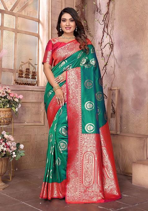 Green Zari Printed Blended Saree Set
