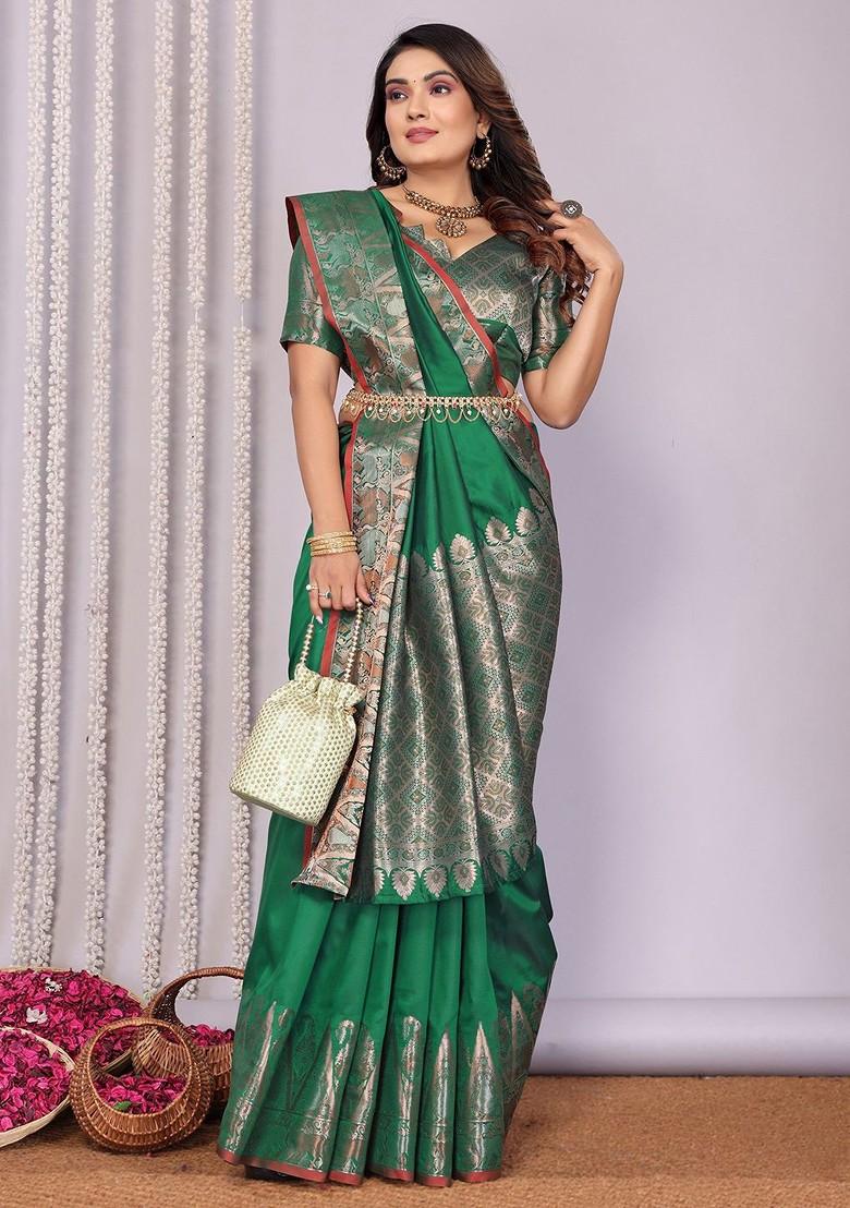 Green Zari Printed Blended Saree Set - Indya