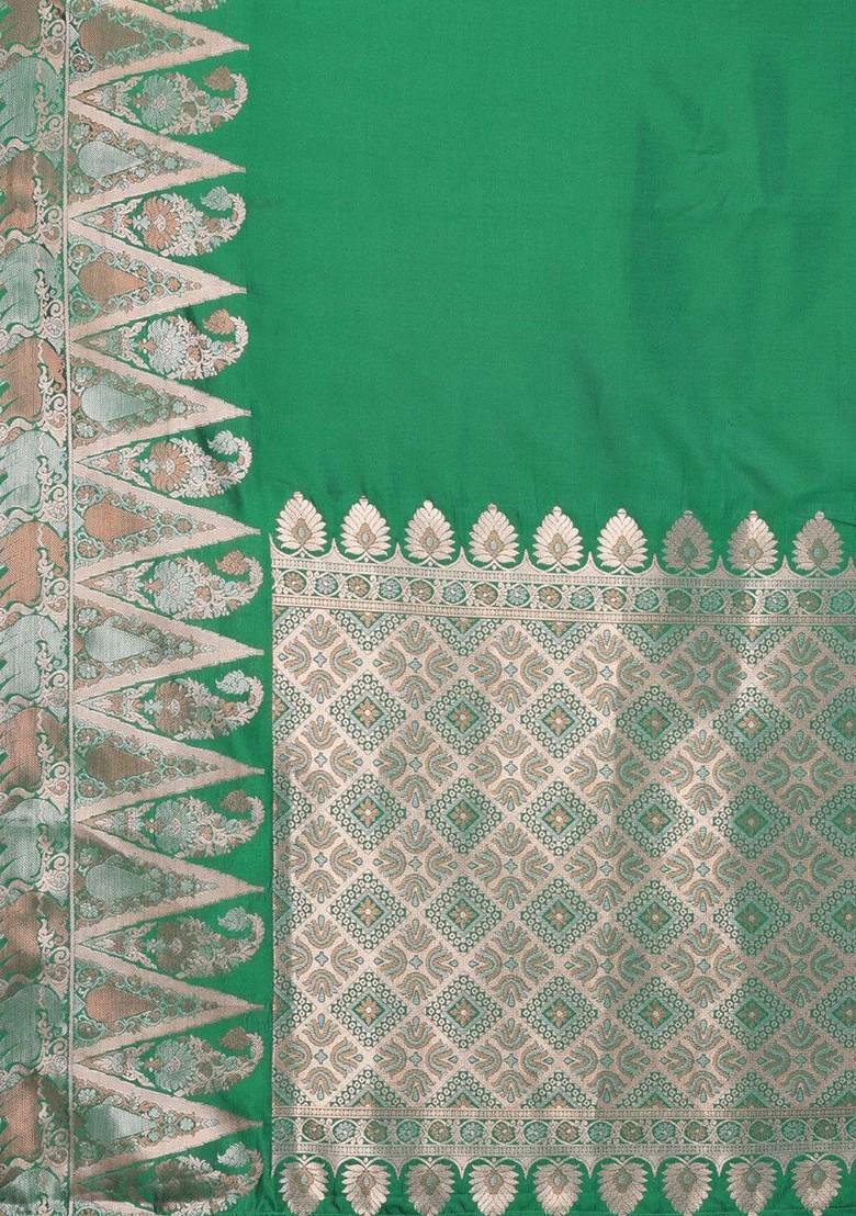 Green Zari Printed Blended Saree Set - Indya