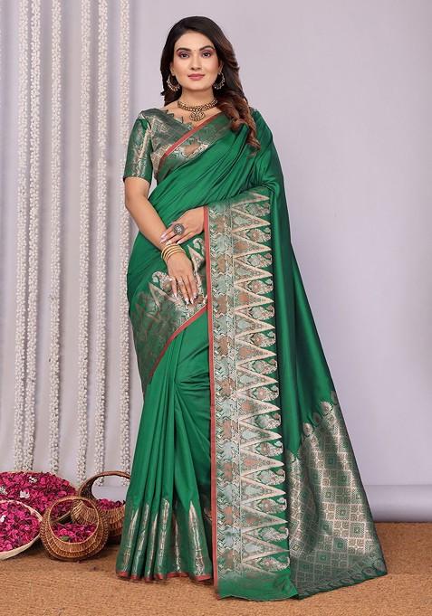 Green Zari Printed Blended Saree Set