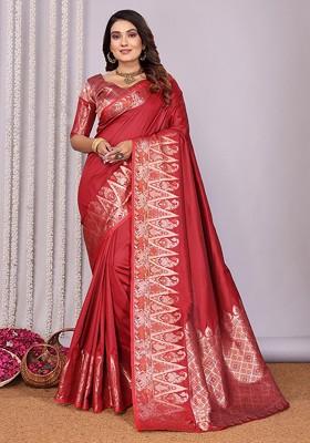Red Zari Printed Blended Saree Set