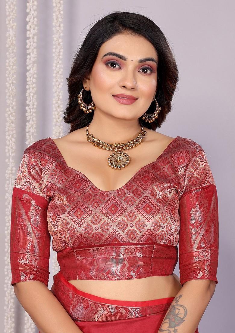 Red Zari Printed Blended Saree Set - Indya
