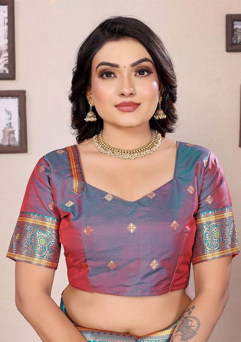 Orange Zari Printed Blended Saree Set - Indya