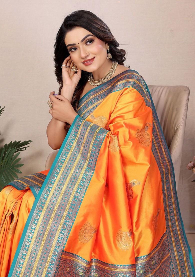 Orange Zari Printed Blended Saree Set - Indya