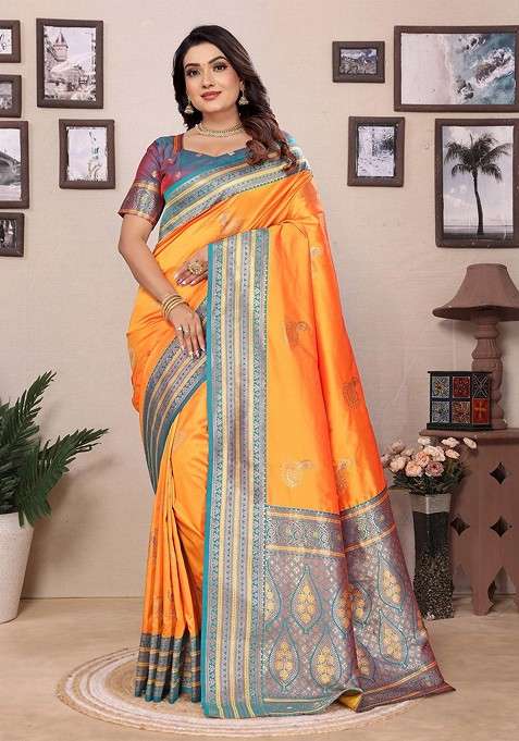 Orange Zari Printed Blended Saree Set for Diwali and Festive Wear