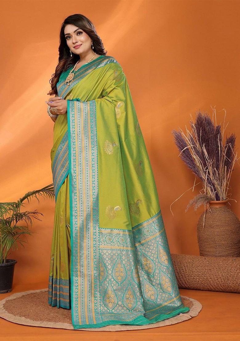 Green Zari Printed Blended Saree Set - Indya