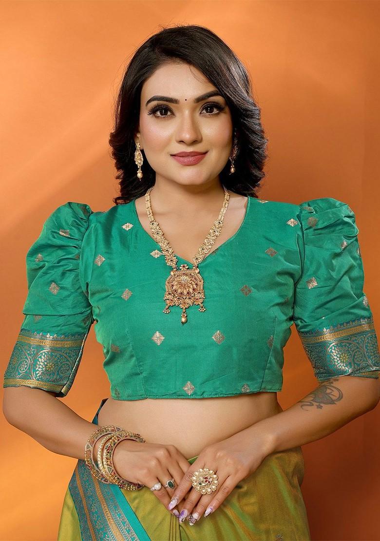 Green Zari Printed Blended Saree Set - Indya