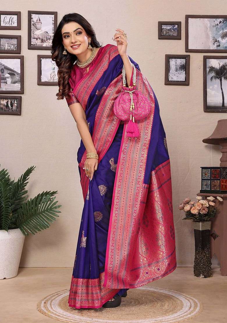 Violet Zari Printed Blended Saree Set for Diwali and Festive Wear - Indya