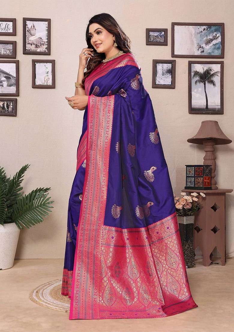 Violet Zari Printed Blended Saree Set for Diwali and Festive Wear - Indya