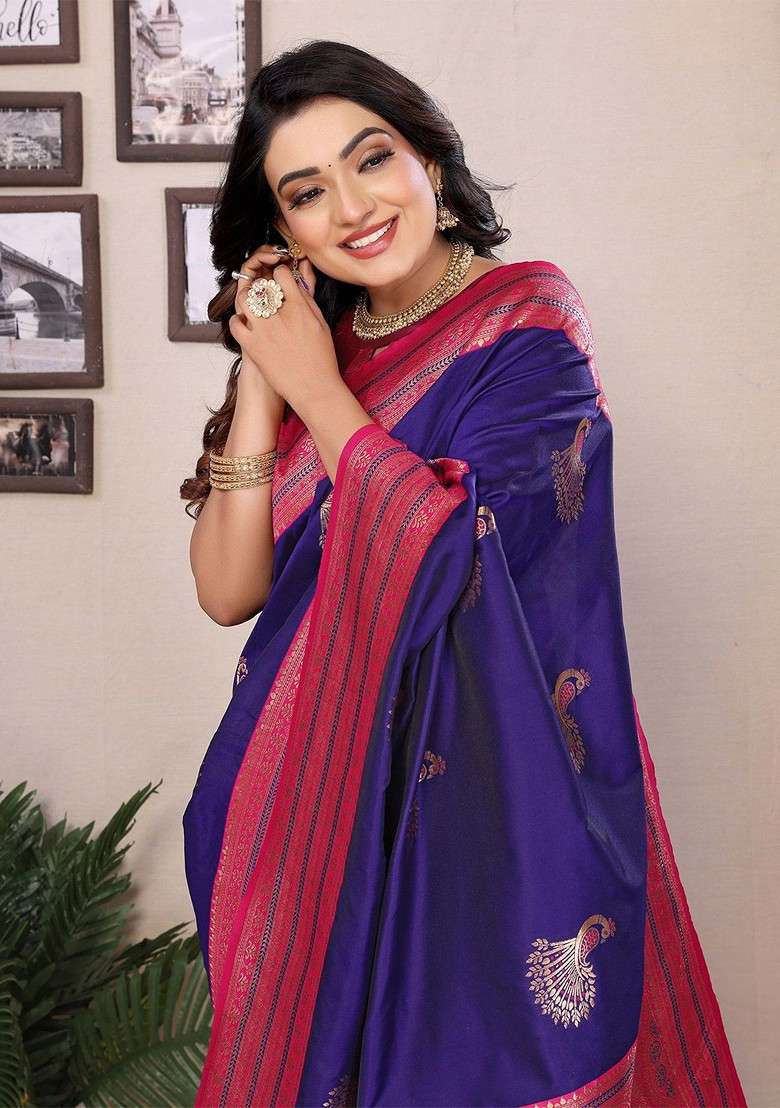 Violet Zari Printed Blended Saree Set for Diwali and Festive Wear - Indya