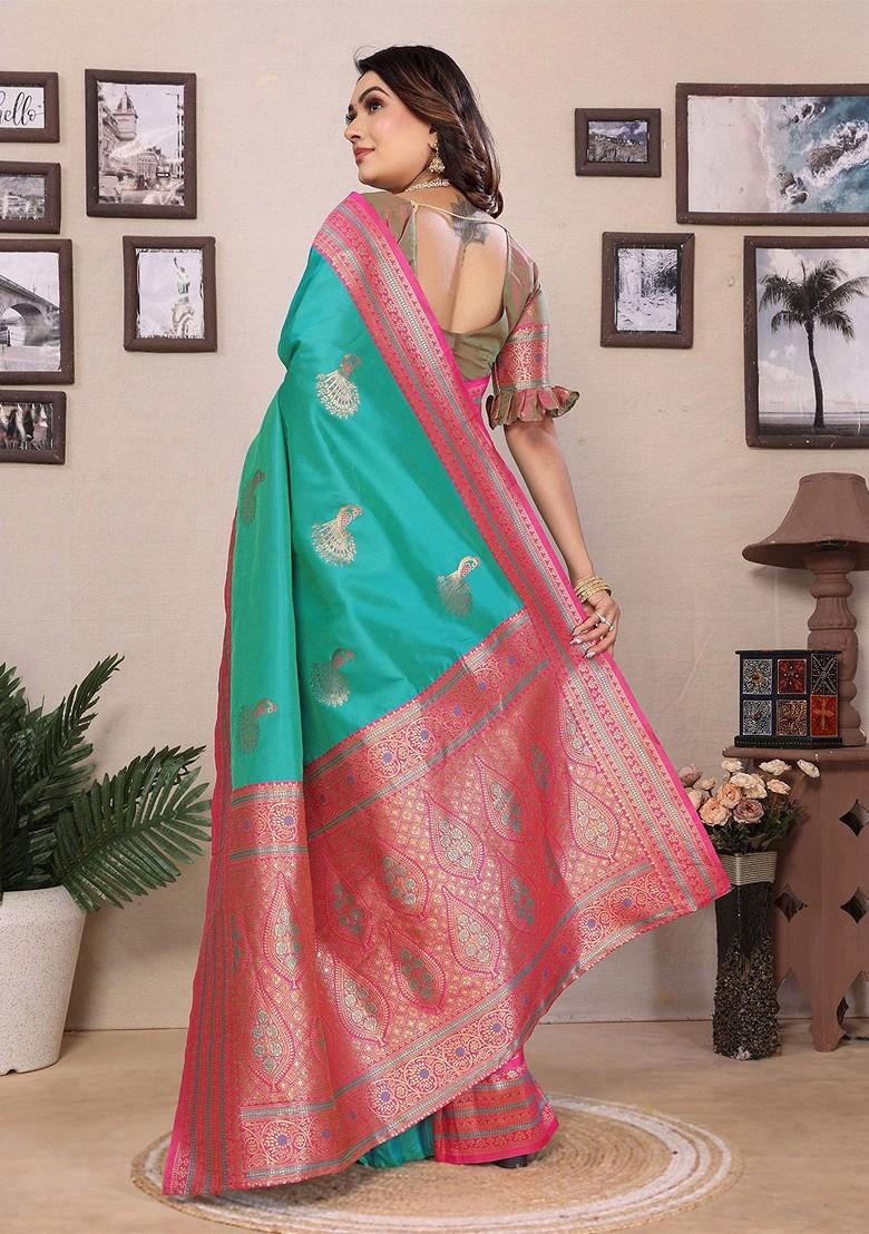 Teal Zari Printed Blended Saree Set - Indya