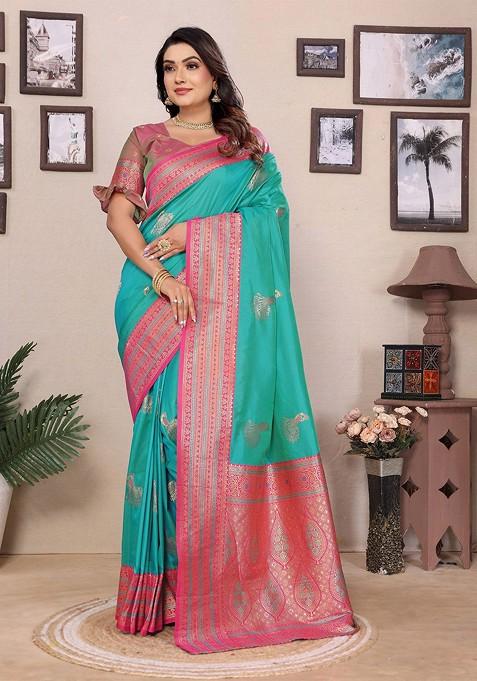 Teal Zari Printed Blended Saree Set