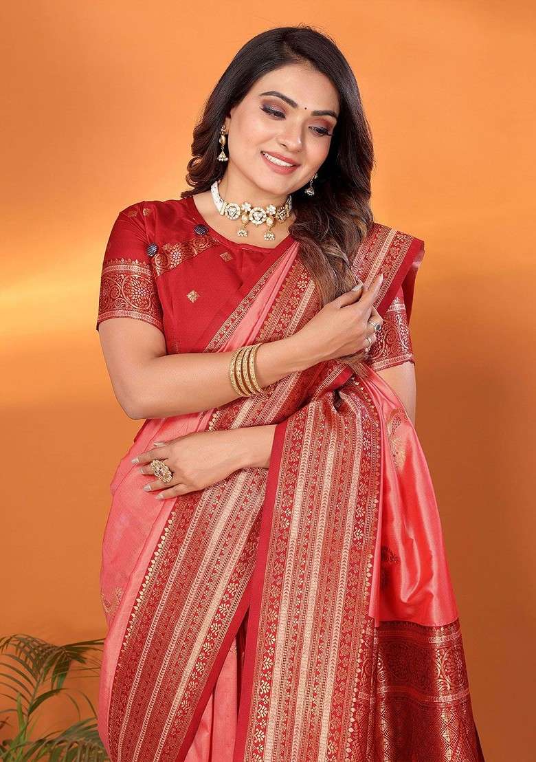 Peach Zari Printed Blended Saree Set for Diwali and Festive Wear - Indya