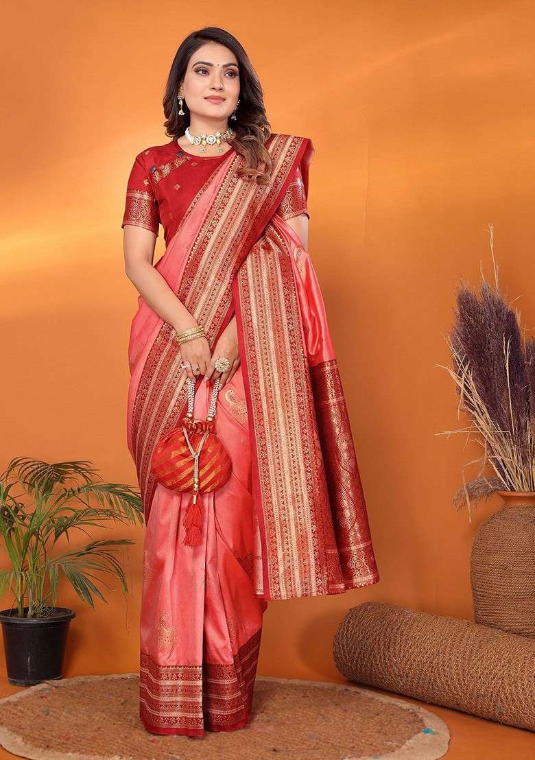 Peach Zari Printed Blended Saree Set for Diwali and Festive Wear - Indya