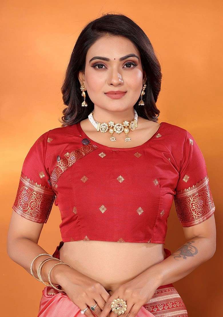 Peach Zari Printed Blended Saree Set for Diwali and Festive Wear - Indya