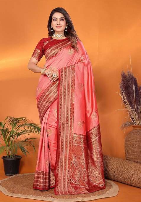 Peach Zari Printed Blended Saree Set for Diwali and Festive Wear