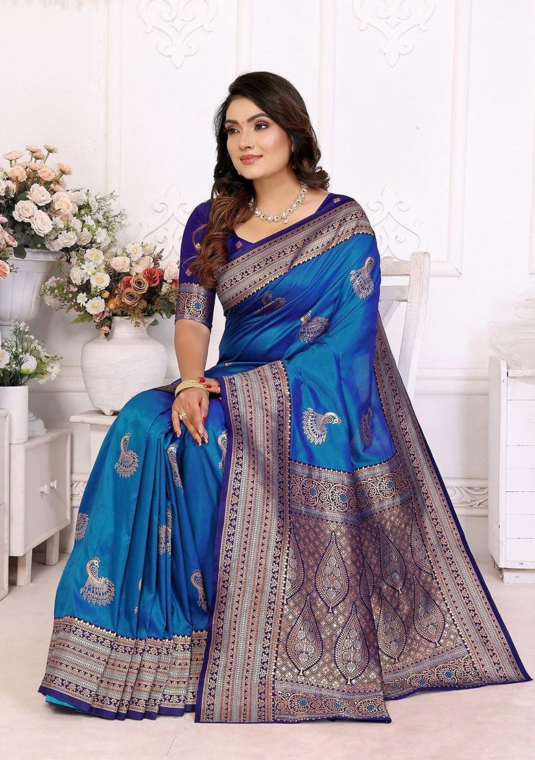 Blue Zari Printed Blended Saree Set - Indya