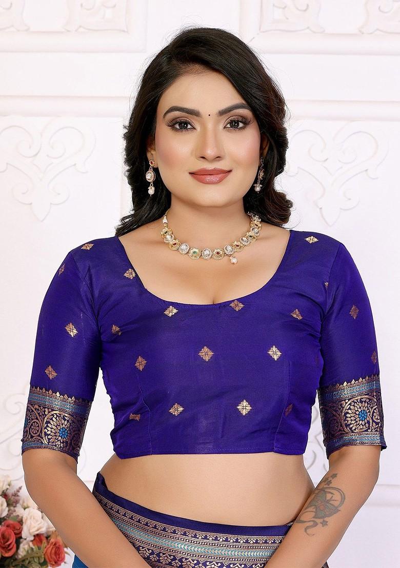 Blue Zari Printed Blended Saree Set - Indya