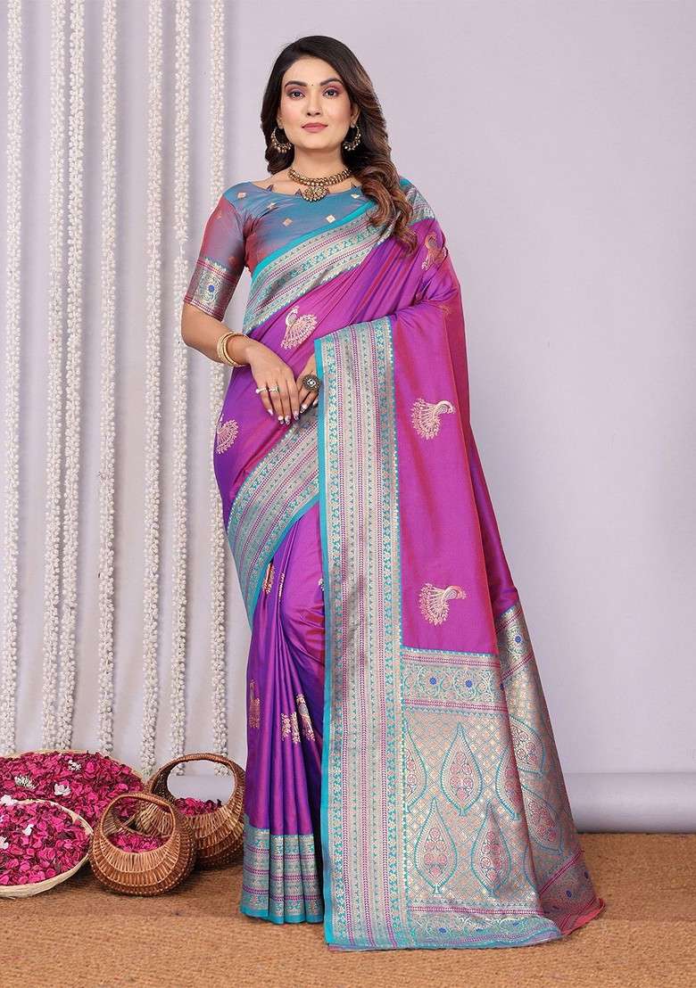 Purple Zari Blended Saree Set with Printed for Diwali | Wedding & Festive Wear - Indya