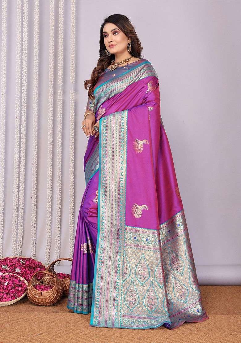 Purple Zari Blended Saree Set with Printed for Diwali | Wedding & Festive Wear - Indya