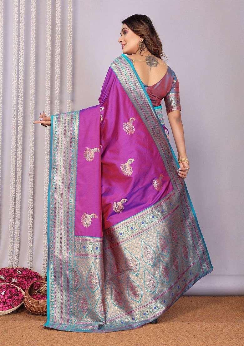 Purple Zari Blended Saree Set with Printed for Diwali | Wedding & Festive Wear - Indya