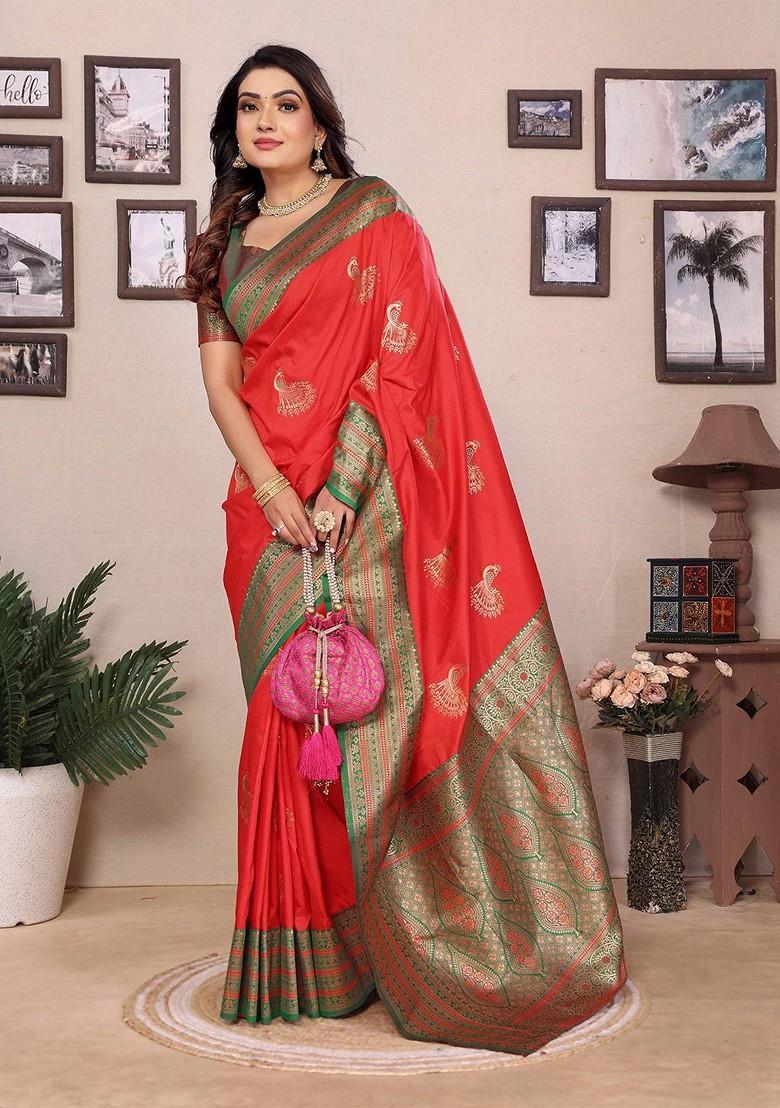 Red Zari Printed Blended Saree Set - Indya