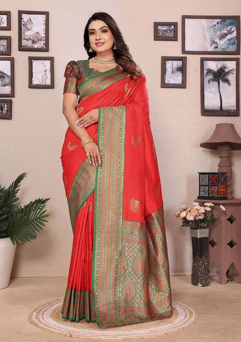 Red Zari Blended Saree Set with Printed for Diwali | Wedding & Festive Wear - Indya