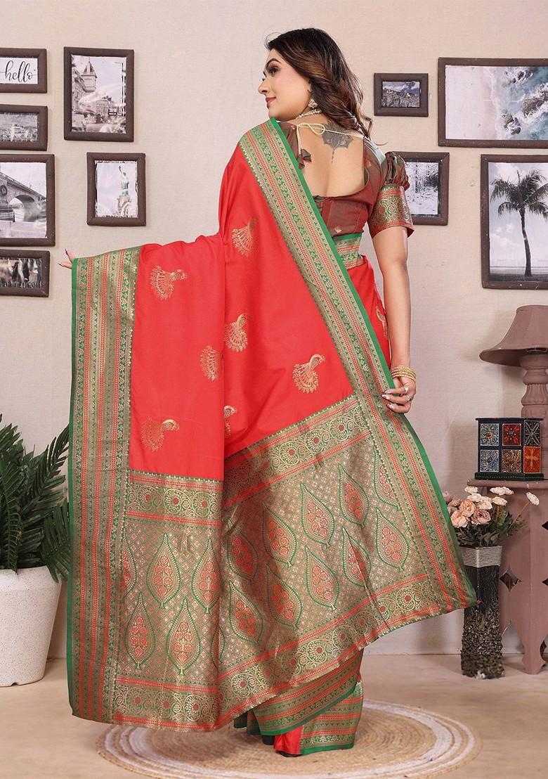 Red Zari Printed Blended Saree Set - Indya
