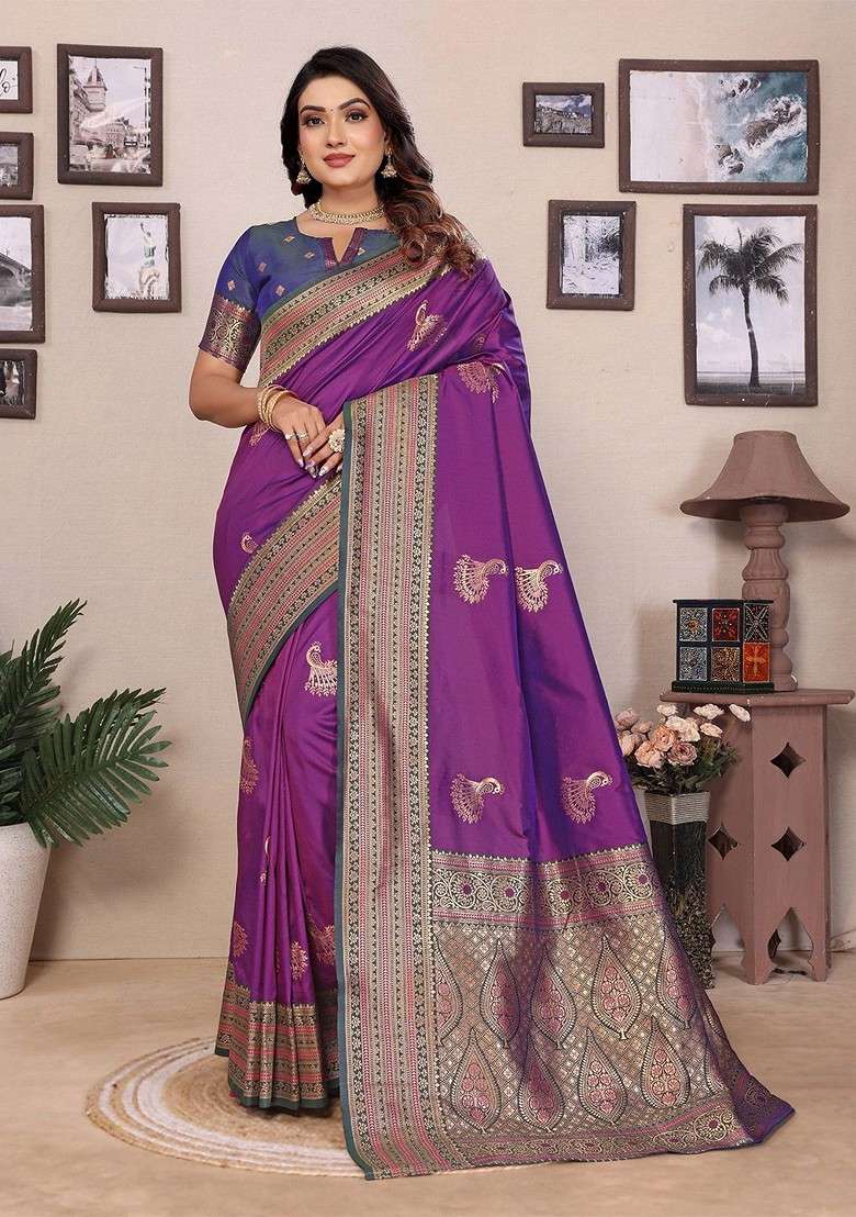 Purple Zari Printed Blended Saree Set for Diwali and Festive Wear - Indya