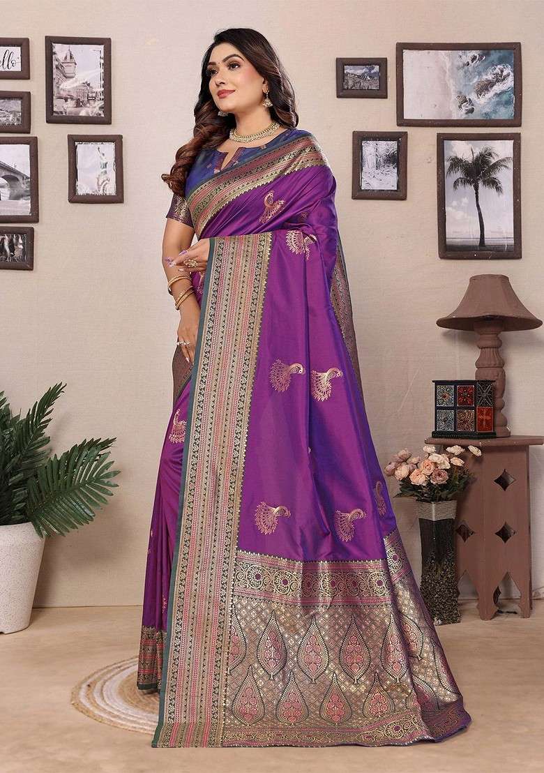 Purple Zari Printed Blended Saree Set for Diwali and Festive Wear - Indya
