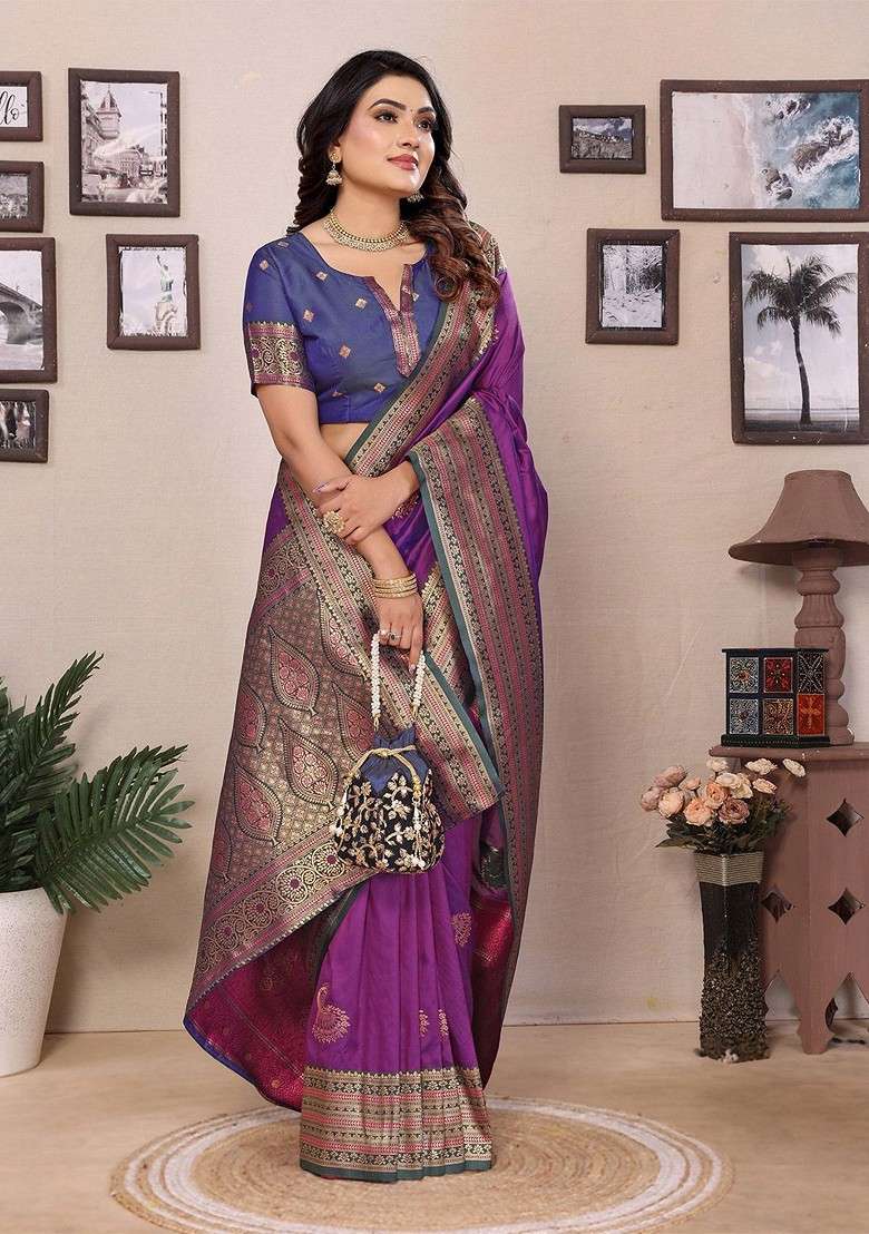 Purple Zari Printed Blended Saree Set for Diwali and Festive Wear - Indya