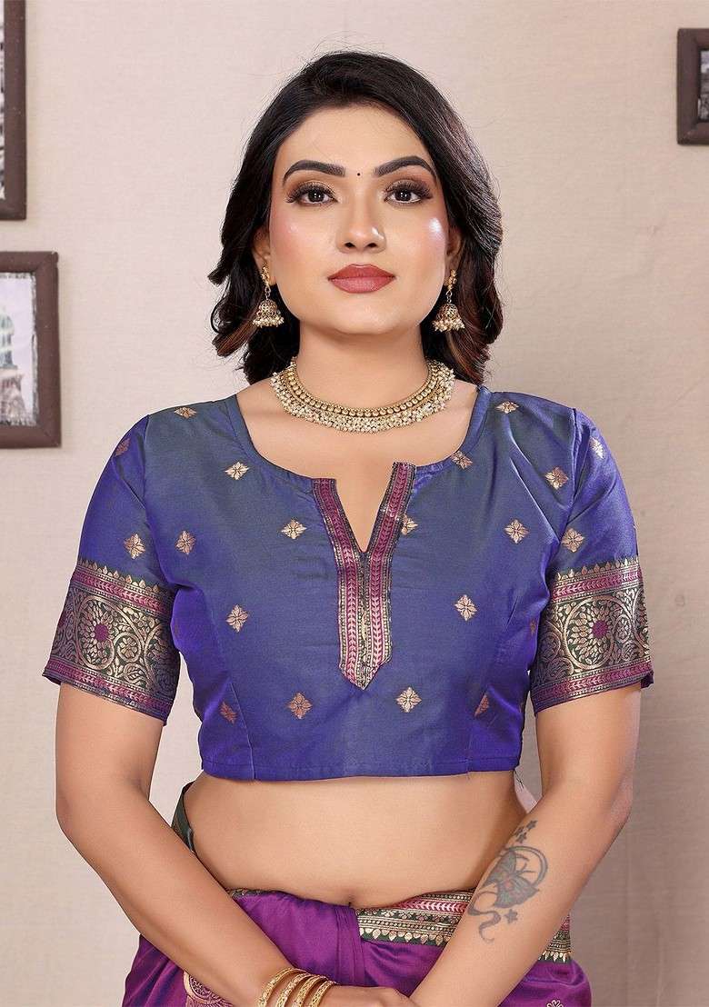Purple Zari Printed Blended Saree Set for Diwali and Festive Wear - Indya