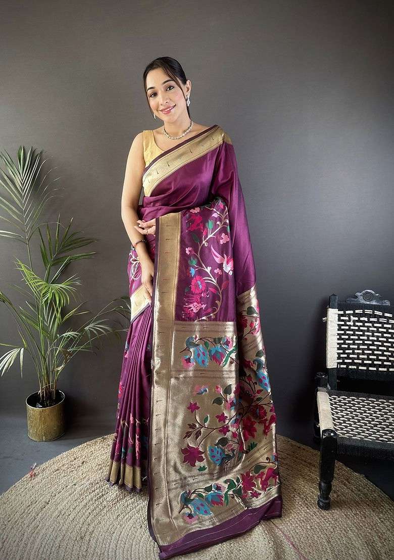 Purple Zari Printed Blended Saree Set - Indya