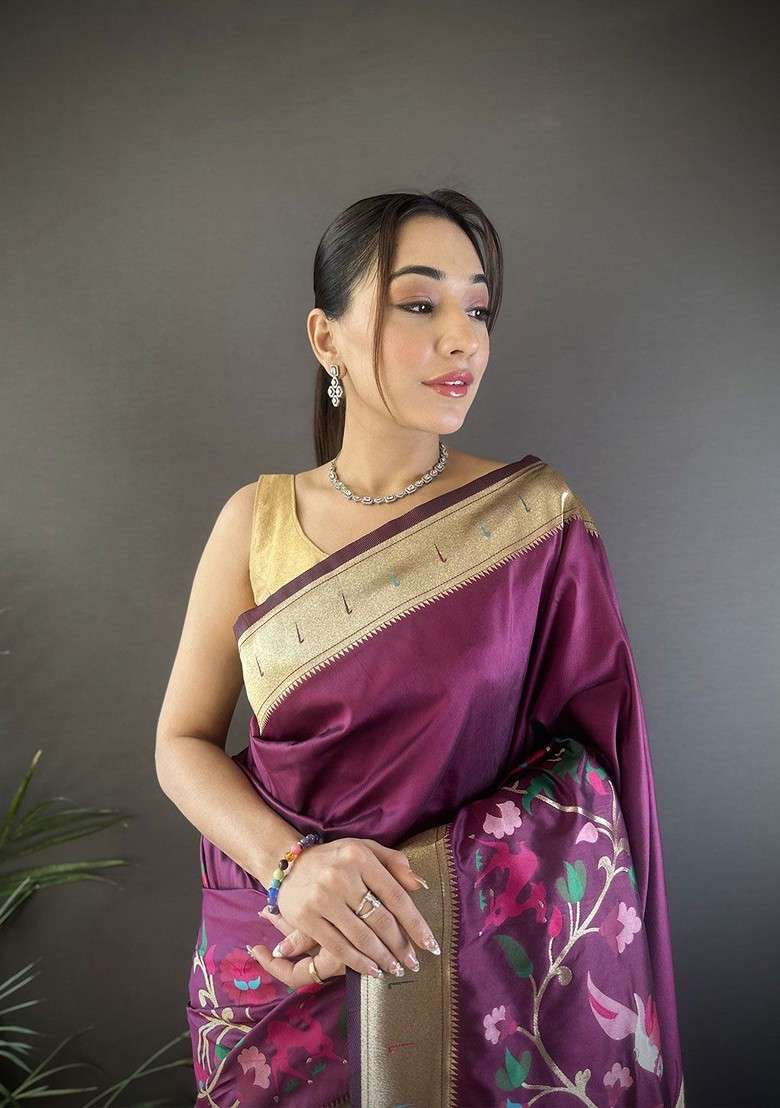 Purple Zari Printed Blended Saree Set - Indya